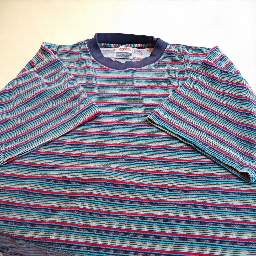 Vintage 90s BTB Striped Velour Shirt | Mens L-XL | Juicy Era Soft Crewneck Tee - Picture 4 of 6